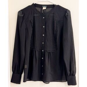 J. Crew Semi-Sheer Black Long-Sleeve Collarless Button-Down Blouse Sz 0 EUC